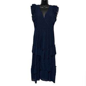 Just Me‎ Navy Blue Faux Wrap Tiered Ruffle Long Modest Midi Maxi Dress Large